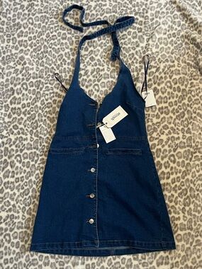 Stoosh Women's Dark Blue Denim Dress with buttons and halter tie
